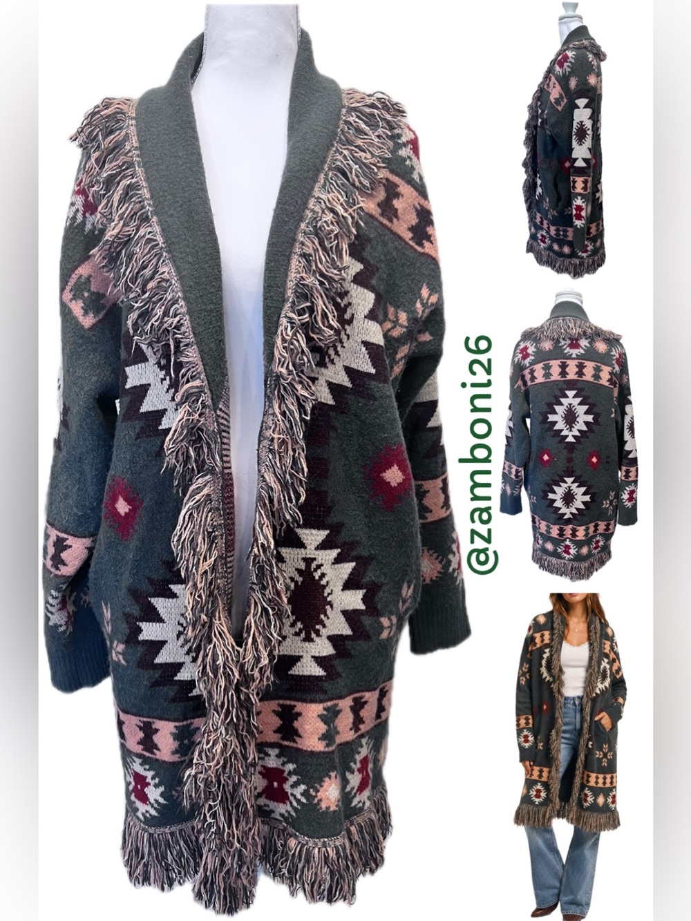 Jodifl Southwestern Fringe Cardigan Duster Boho Aztec Open Front Pockets Small